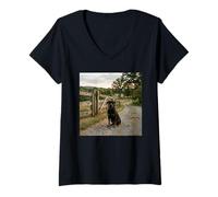 Women's Rottweiler Country Path Farm Gate Guard Scene V-Neck T-Shirt