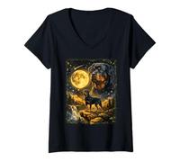 Women's Rottweiler Howling At Moon Funny Night Sky V-Neck T-Shirt