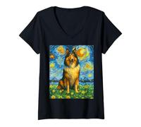 Womens Rough Collie Starry Night Van Gogh Collie Dog Lassie Breed V-Neck T-Shirt