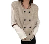 Women's Round Neck Double Breasted Knitted Vest Sleeveless Sweater Loose Cardigan Tank Top Apricot