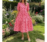 Women's Round Neck Leopard Print Dress, Puff Sleeve Tiered Casual Summer Midi Dress