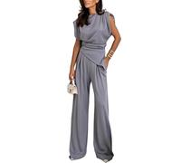 Women's Round Neck Pleated Sleeveless Casual Suit, Solid Color Irregular Crewneck Vest Wide Leg Pantsuit with Pocket (Light Grey,XXL)