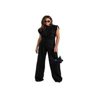 Women's Round Neck Pleated Sleeveless Casual Suit Solid Color Irregular Top Wide Leg Pantsuit Business Sets 2 Piece Outfits (Black,M)