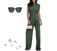 Women's Round Neck Pleated Sleeveless Casual Suit, Solid Color Satin Irregular Sleeveless Crewneck Vest Wide Leg Pantsuit (Dark Green,XXL)