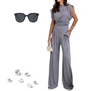 Women's Round Neck Pleated Sleeveless Casual Suit, Solid Color Satin Irregular Sleeveless Crewneck Vest Wide Leg Pantsuit (Light Gray,XXL)