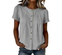 Women's Round Neck Puff Short Sleeve Button Front Cotton and Linen Blouse Front Pleat Detail Lightweight Fabric Loose Fit Casual Tee for Daily Simple Outfits(Grey, XL)