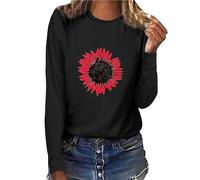 Womens Round Neck Rose Sunflower Print Long Sleeve T Shirt Small T Shirt Women Black, black, S