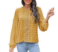 Women's Round Neck Shirts, Long Sleeve Blouse, Buttoned Shirts, Rolled Sheer Sleeves, Casual, Simple Lace Tops, Corporate Party, yellow, XL