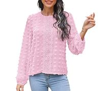 Women's Round Neck Shirts, Long Sleeve Blouse, Buttoned Shirts, Rolled Sheer Sleeves, Casual, Simple Lace Tops, Corporate Party, pink, M