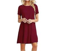Women's Round Neck Summer Dress Short Sleeve Mini T-Shirt Tunic Loose Casual Plain Breathable Shirt Blouse, Win1, XXL