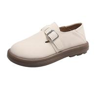Women's Round Toe Loafer with Adjustable Buckle Strap Slip-On Comfort occasin Trendy Round Head Soft Cushioned Insole Casual Boat-Shoe Fit for ffice Working All-Day Wearing (White, 4)