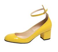Womens Round Toe Mary Jane Shoes Elegant Ankle Strap Dress Chunky Block Mid Heels Classic Comfortable Casual Court Shoe for Wedding Party & Office,Yellow,2 UK