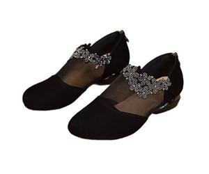 Women's Round Toe Mesh Rhinestone Shoes, Breathable Soft Sole Low Block Heels with Back Zipper, Elegant Dress Pumps for Party Wedding Date (Black,2.5)