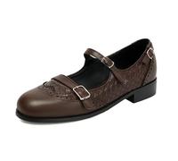Women's Round Toe Patchwork Retro Flats Mary Jane Buckle Strap Vintage British Style Brogues Shoes for Party Casual (Brown,2)