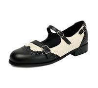 Women's Round Toe Patchwork Retro Flats Mary Jane Buckle Strap Vintage British Style Brogues Shoes for Party Casual (2,Beige)