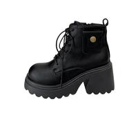 Women's Round Toe Platform Chunky Platform Boots Lace Up Zipper Non-Slip Sole Faux Leather British Style Boots Autumn And Winter, Black, 4 UK