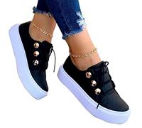 Women's Round Toe Platform Sneakers Low Cut Casual Rivet Lace-up Classic PU Lightweight Walking Shoes Arch Support Non-Slip Flat Sporty Shoes for Daily Travel Driving ( Color : Schwarz , Size : 4 UK )
