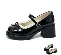 Women's Round Toe Polka Dot Bow Block Heel Mary Jane Shoes (Black,3)