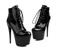 Women's Round Toe Stiletto High Heel Clubwear Cross-Tied Ankle Boots | Low-Top Boots, Shiny Leather Pole Dancing Shoes Platform Lace Up Ankle Boots With Zipper