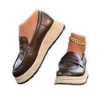 Women's Round-Toe Straw-Woven Chunky Sole Loafers, Vintage Slip-on Platform Driving Shoes Comfortable Moccasins for Daily Walk Work Dressy (Brown,36EU)