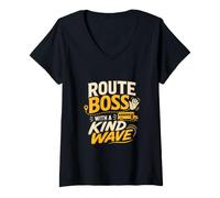 Women's Route Boss with A Kind Wave Funny Bus Driver V-Neck T-Shirt