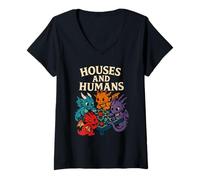 Womens RPG Gamer Houses and Humans Funny Nerdy Men Women Kids V-Neck T-Shirt