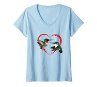 Womens Ruby Neck Love Cute Cartoon Hummingbirds in Flight V-Neck T-Shirt