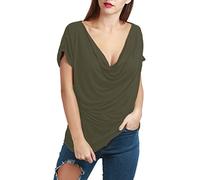 Womens Ruched Gathered Cowl Neck Short Sleeve Stretchy Tees T Shirts Tops Cowl Neck Top Khaki M/L (UK 12/14)