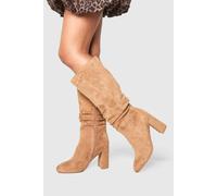 Womens Ruched High Block Heeled Knee High Boots - Beige - 7, Beige