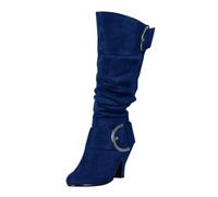 Women'S Ruched Knee-High Boots, Womens Pointed Toe Boots, Faux Suede Mid-Heel Booties With Buckle Detail, Comfortable Side-Zip Footwear For Casual Outings, Date Night And Holiday Parties