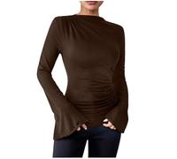 Women's Ruched Long Flare Sleeve T Shirt Tops Solid Color Crew Neck Slim Casual Blouse Fashion Soft Silky Pullover Shirts Classic Basic Tops Autumn Lightweight Comfy T-Shirt for Everyday Wear Coffee