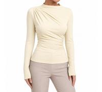 Women's Ruched Long Sleeve Top with Asymmetric Draped Neckline | Smooth stretch knit, close silhouette, easy styling for workdays, dinners and seasonal layering