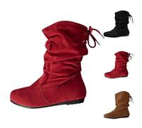 Women'S Ruched Mid-Calf Boots, Slip On Boots For Women, Faux Suede Flat Booties With Back Drawstring, Comfortable Footwear For Casual Outings, Daily Commute And Relaxed Weekends, Solid Colour