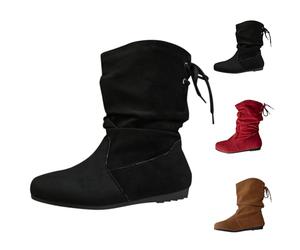 Women'S Ruched Mid-Calf Boots, Slip On Boots For Women, Faux Suede Flat Booties With Back Drawstring, Comfortable Footwear For Casual Outings, Daily Commute And Relaxed Weekends, Solid Colour
