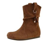 Women'S Ruched Mid-Calf Boots, Women'S Flat Boots, Faux Suede Booties With Beaded Tassel Charm, Comfortable Slip-On Footwear For Casual Outings And Relaxed Weekends, Western Autumn Shoes