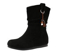 Women'S Ruched Mid-Calf Boots, Women'S Flat Boots, Faux Suede Booties With Beaded Tassel Charm, Comfortable Slip-On Footwear For Casual Outings And Relaxed Weekends, Western Autumn Shoes