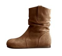 Women'S Ruched Mid-Calf Boots, Women'S Flat Sole Boots, Faux Suede Booties With Pull Tab, Comfortable Slip-On Footwear For Casual Outings, And Relaxed Weekends, Minimalist Slouchy Design For Soft