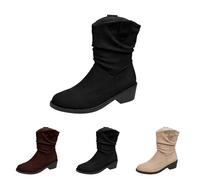 Women'S Ruched Mid-Calf Boots, Women'S Low Block Heel Boots, Round Toe Faux Suede Booties In Solid Colour, Comfortable Slip-On Footwear For Casual Outings, Weekend Wear And Relaxed Strolls