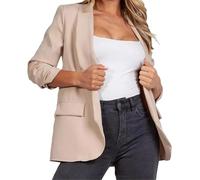 Women's Ruched Sleeve Blazer Fully Lined Collared Casual & Formal Jacket Top - Mid-Length Polyester Blazer - Open Front, Long Sleeve (UK, Alpha, One Size, Regular, Regular, S, Beige)