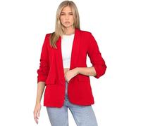 Women's Ruched Sleeve Fully Lined Blazer Ladies ¾ Sleeves Plain Open Front Jacket Top Collared Formal Office Work Coat with Front Pockets Plus Size 8-10 Red