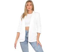 Women's Ruched Sleeve Fully Lined Blazer Ladies ¾ Sleeves Plain Open Front Jacket Top Collared Formal Office Work Coat with Front Pockets Plus Size 12-14 Cream