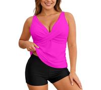 Women's Ruched Tankini Swimsuits V Neck Wrap Tie Back Two Pieces Bathing Suit Tummy Control Swimwear Ladies Beachwear Women UK Tummy Control and Low Leg Swimsuits Womens Bathing (#0001 Hot Pink,3XL)