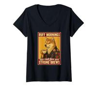 Womens Ruff Mornings Dog Coffee Strong Brews Vintage Art V-Neck T-Shirt