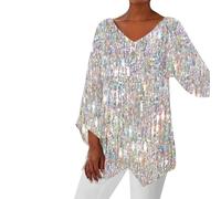 Women's Ruffle 3/4 Sleeve V Neck Sequin Top - Glitter Sparkly Dress Shirt, Uneven Hem, Casual Loose Fit Tunic for Evening Party, Summer Stylish, Plus Size White