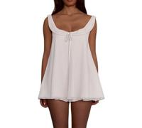 Womens Ruffle Babydoll Pyjama Set Two Piece Bow Tie Front Chiffon Tank Tops Ruffled Flowy Wide Leg Shorts Sets Lounge (White, S)