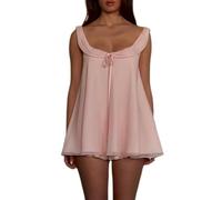 Womens Ruffle Babydoll Pyjama Set Two Piece Bow Tie Front Chiffon Tank Tops Ruffled Flowy Wide Leg Shorts Sets Lounge (Pink, L)