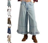 Womens Ruffle Hem Wide Leg Jeans 2026 Y2K Trendy Mid-Rise Cropped Baggy Jeans with Pockets (Light Blue,S)