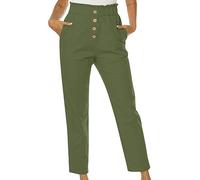 Womens Ruffle High Waisted Cotton Linen Cropped Paper Bag Pants Stretchy Slim Fit Tapered Leg Tailored Ankle Grazer Trousers Ladies Casual Business Office Work Commute Career Pants with Pockets Green