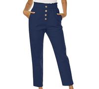 Womens Ruffle High Waisted Cotton Linen Cropped Paper Bag Pants Stretchy Slim Fit Tapered Leg Tailored Ankle Grazer Trousers Ladies Casual Business Office Work Commute Career Pants with Pockets Navy