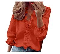 Womens Ruffle Shirt Tops UK Clearance, V-Neck Blouse Long Sleeve T-Shirt Casual Work Shirt Solid Color Tunic Tops Trendy Loose Fit Blouses Elegant Shirt Stylish Sweatshirts Plus Size Pullover Orange